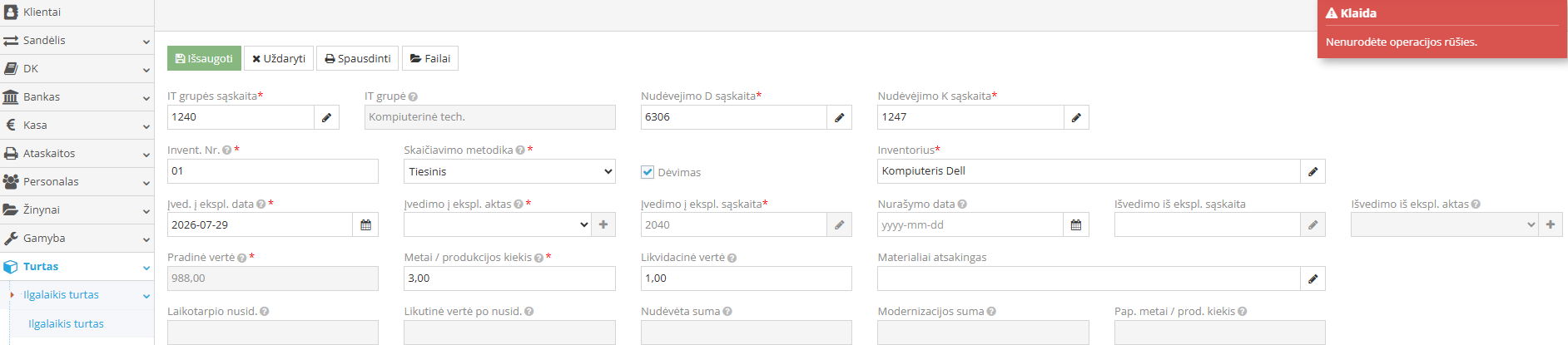 Nenurodyta operacijos rūšis klaidos pranešimas